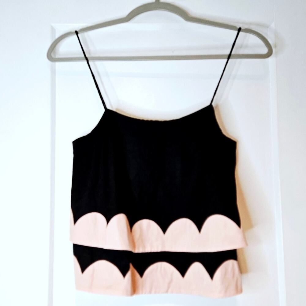 Azulu Scallop Print Tiered Tank Top Black Pink Spaghetti Strap Small